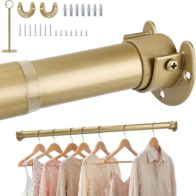 Adjustable Closet Rod for Hanging Clothes, 17-69inch Heavy Duty Metal tension clothes rod，1.3Inches Closet Pole with Hardware Kit for Closet Organization Laundry Room RV, Gold