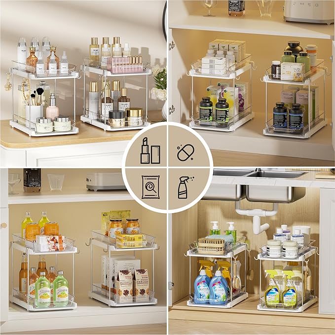 Delamu 2 Tier Bathroom Under Sink Organizers and Storage with Hook, Multi-Purpose Cabinet Drawers with Movable Dividers, Pull Out Organization for Countertop, Kitchen and Pantry(White, 2 Pack)