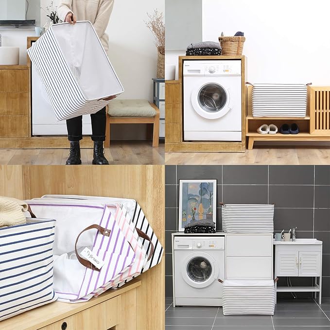 Hinwo 70L Extra Large Storage Bins, 2-Pack Closet Organizers and Storage, Foldable Clothes Storage Baskets with Handles, Containers for Clothing, Blanket, Comforters, Toys, Bedding (Black Stripe)