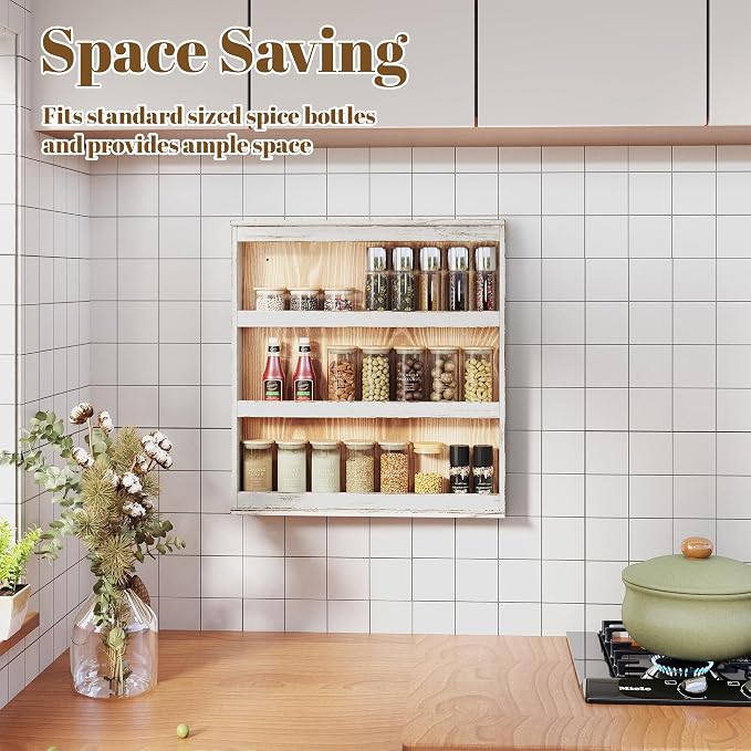 Nisorpa 3 Tier Spice Rack Wall Mount, Rustic Burnt Wood Wall Hanging Spice Rack Kitchen Spice Storage Shelf for Seasoning Jars or Condiment Bottles, 19.68 x 3.35 x 21.25 Inches