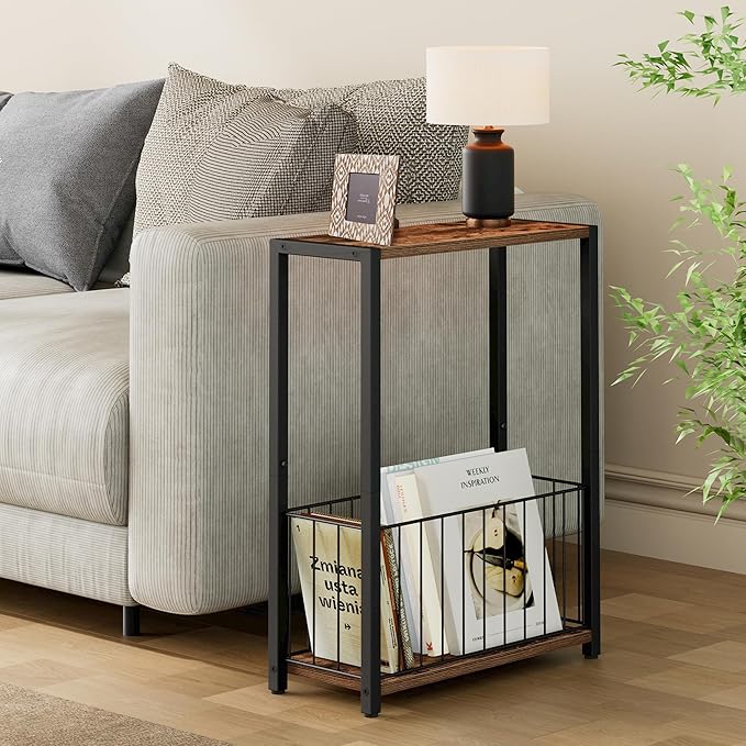 Homleke Narrow Side Tables Set of 2 with Magazine Holder, Skinny End Tables | Space-Saving Design, Small Spaces, Storage Shelf, Metal Frame, Easy Assembly, 7.1" D x 16.9" W x 23.6" H, Rustic Brown