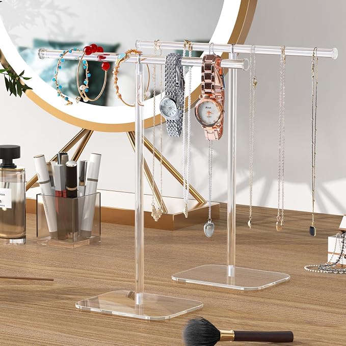 Jewelry Stand Necklace Stand 2 Tower, Clear Necklace Holder, Jewelry Holder | Acrylic Jewelry Organizer, Bracelet Hanging Organizer, Display Stand for Bangles, Rings, Earrings and Watch