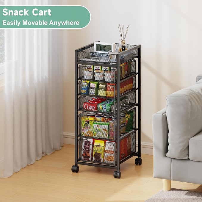 6-Tier Rolling Cart with 5 Drawers & Top Basket, Snack Cart with Wheels | Metal Utility Storage Cart - Fruit Vegetable Rack on Wheels, Kitchen Organization for Cans, Spices, Craft, Art, Beauty