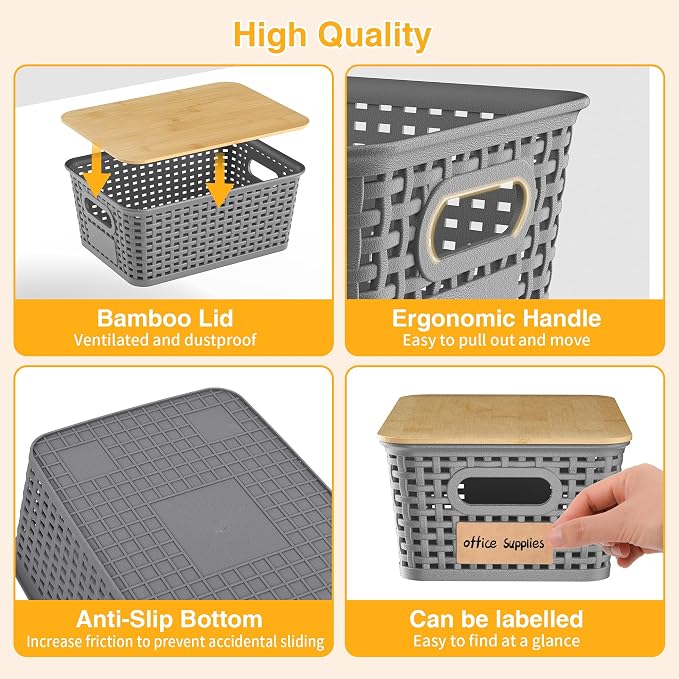Plastic Storage Baskets with Bamboo Lids and Labels, Stackable Storage Containers, Storage Bins for Organizing Shelves Drawers Desktop Closets Office, 6 Packs-Gray