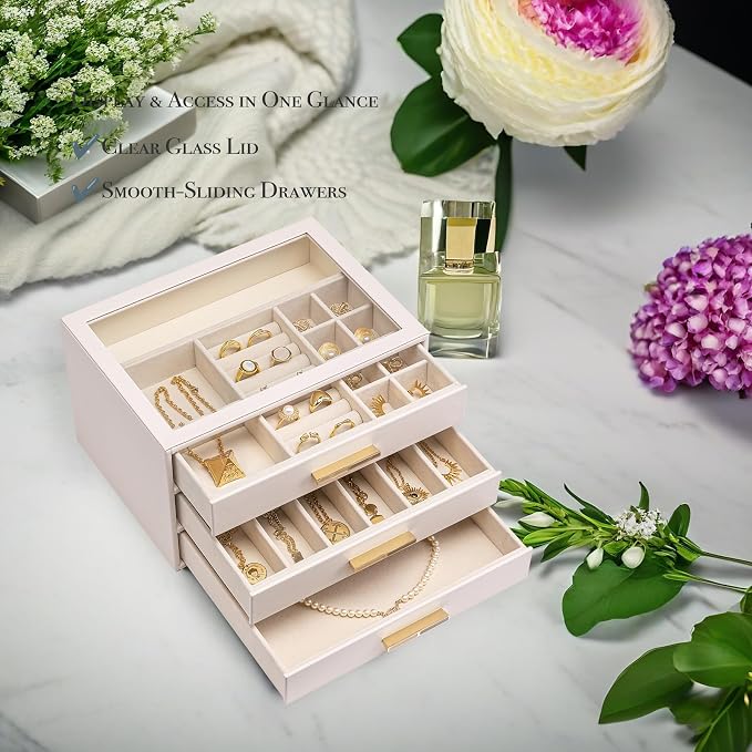 VLANDO 3-Drawer Jewelry Box with Glass Lid, Faux Leather Organizer for Rings Earrings Necklaces and More, Gift-Ready Jewelry Case for Women Girls or Moms, Pink Beige