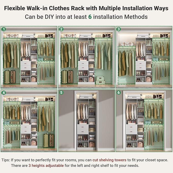 Armocity 8FT Heavy Duty Wood Closet System, 1500 LBS+ Capacity Wall Mounted Walk-in Closet Organizer with 2 Drawers & 4 Hanging Rods, 96'' Custom Bedroom Storage Wardrobe, Grey