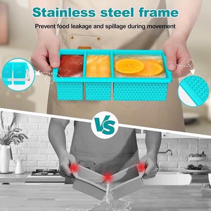 3 Pack - Silicone Freezer Trays with Lid, 1-Cup & 2 Cup Freezer Molds, Silicone Food Storage Containers for Meal Prep, Freezing Soup Sauce, Broth Leftovers