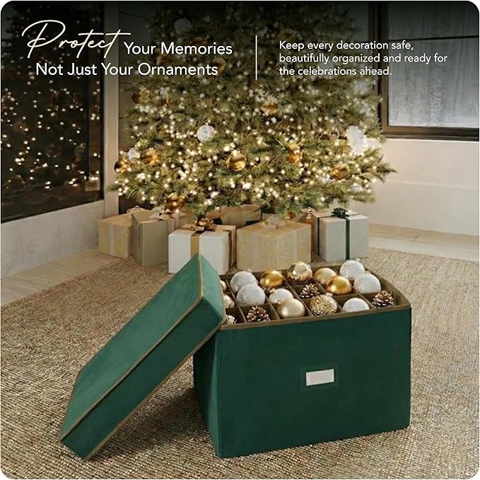 Covermates Keepsakes Adjustable Ornament Storage Box – Heavy-Duty Polyester, Padded Dividers & FlexGrid Trays – Protective Holiday Organizer with Stackable Walls & Label Window, Green