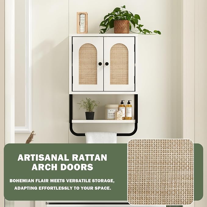RUSTOWN Rattan Bathroom Wall Cabinet, Boho Over The Toilet Storage Cabinet | Arched Rattan Doors, Modern Medicine Cabinet, Adjustable Shelves, Towel Bar, Vintage White