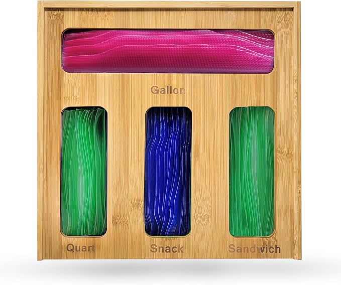 Ziplock Bag Organizer for Drawer – Bamboo Ziploc Bag Holder with Sliding Lid for Gallon, Quart, Snack & Sandwich Bags