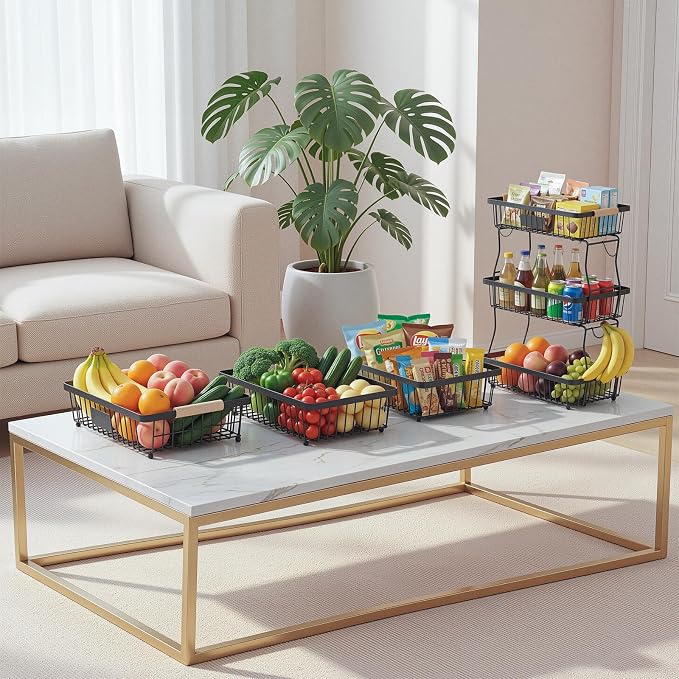 3 Tier Fruit Basket with 2 Banana Hangers, Mesh Basket Fruits Stand Produce Holder Organizer for Onion Potato Bread Snack Veggie Black