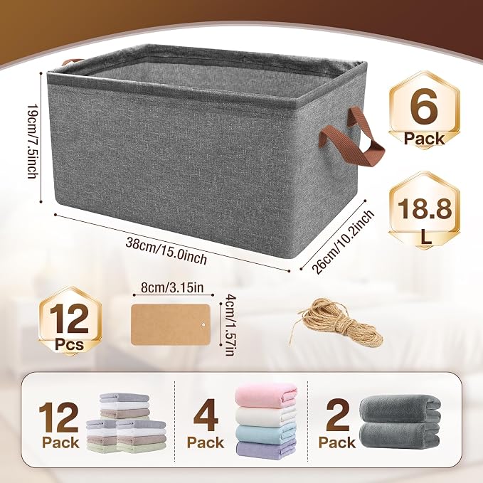 15" Long Fabric Storage Bins 6 Pack, with Handles for Shelves | Collapsible closet organizer bins, sturdy metal frame, 12 labels + twine, for clothes, toys, shelves.