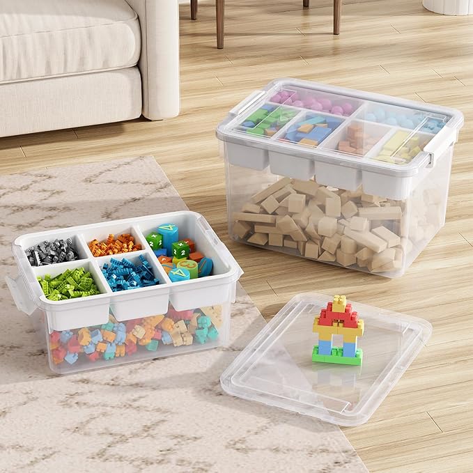 40Qt Large Stackable Storage Bin with Lid & Tray, Clear Plastic Latching Box Organizer with Divider Portable 10Gal Container for Arts & Crafts, Home and Car Trunk Organization, 1Pack