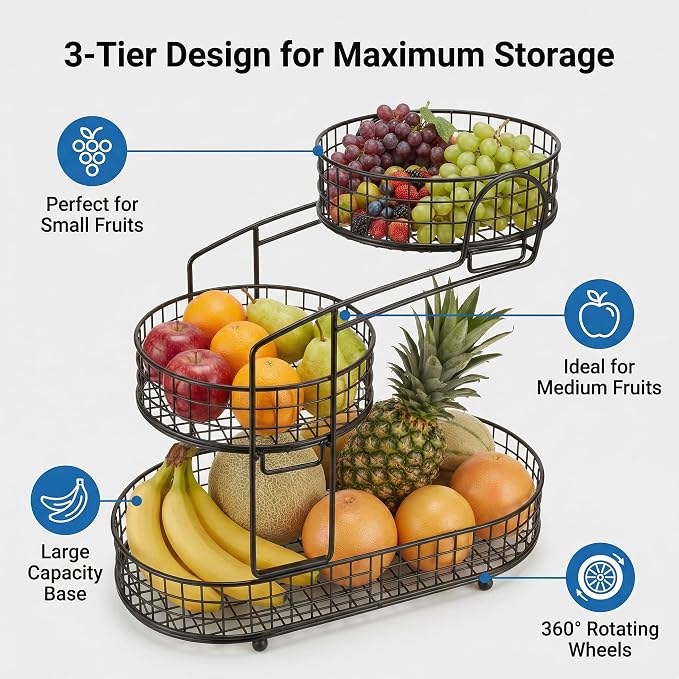 KMV Metal 3-Tier Fruit Basket Vegetable Storage Basket for Kitchen Counter, Detachable Organizer for Bread Snack Produce (Black)