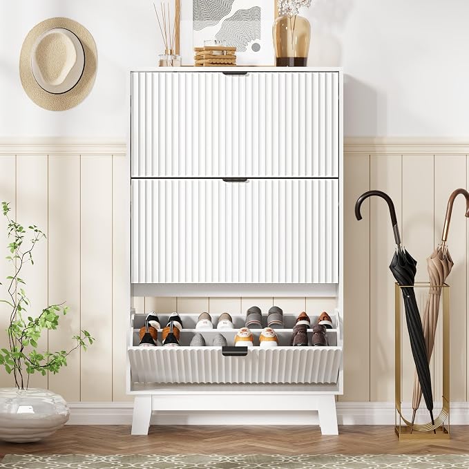 Shoe Cabinet Storage for Entryway with 3 Flip Drawers, Fluted Narrow Shoe Organizer with Wooden Legs, Freestanding Slim Shoe Storage Hidden Shoe Rack Organizer for Front Door Entrance, Hallway, White