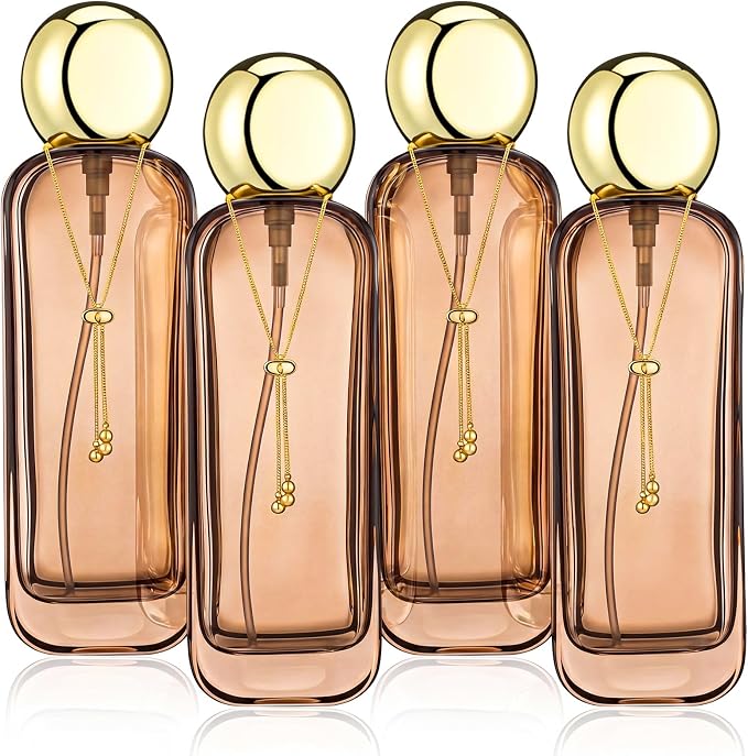4 Pcs 4oz Luxury Glass Bottles with Pump Glass Toner Bottle with Gold Chain Perfume Spray Bottle Travel Lotion Vial with 2 Plastic Pump Head 2 Spray Head for Cosmetic Toner(Brown)