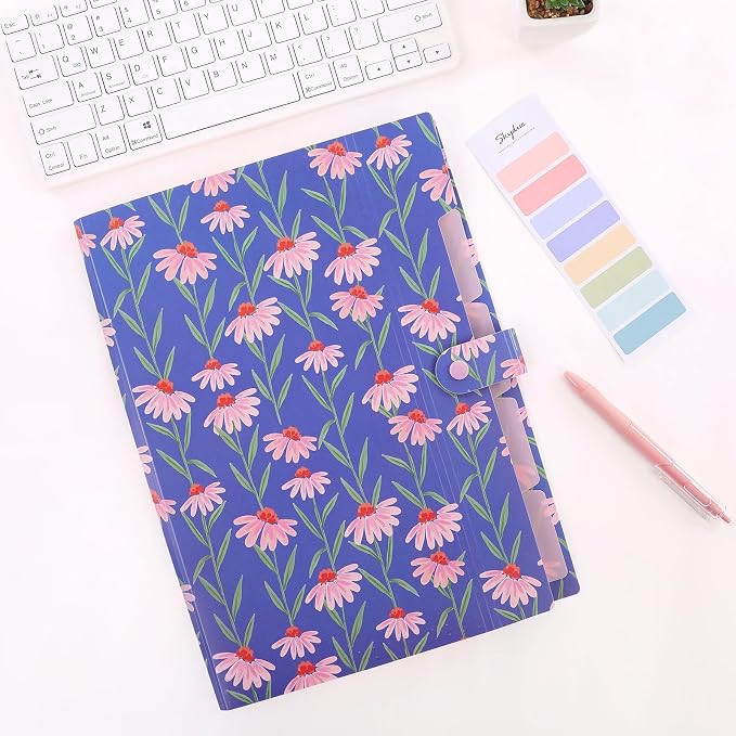 SKYDUE Accordion File Organizer, Floral Expanding File Folders with 5 Pockets, Cute Document Organizer for Paper Storage, School Office & Hospital Supplies Letter/A4 Size Periwinkle Blue