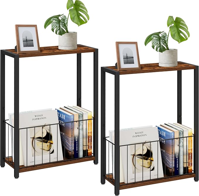 Homleke Narrow Side Tables Set of 2 with Magazine Holder, Skinny End Tables | Space-Saving Design, Small Spaces, Storage Shelf, Metal Frame, Easy Assembly, 7.1" D x 16.9" W x 23.6" H, Rustic Brown