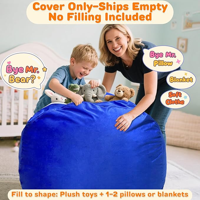 Lukeight Stuffed Animals Storage Bean Bag Chair Cover Only (Ships Empty, No Filling) - Velvet YKK Zipper Beanbag Cover for Toddlers and Kids, Washable Plush Toy Organizer, Large 27" D x 16" H