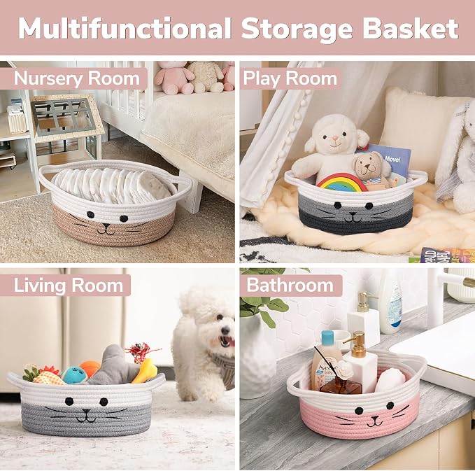 Cute Cat Toy Basket, Small Woven Basket for Nursery, 9.8"x4" | Decorative Basket for Cats Dogs Toys Storage, Cat Basket With Handles, Pet Gift Basket for Living Room, White & Pink