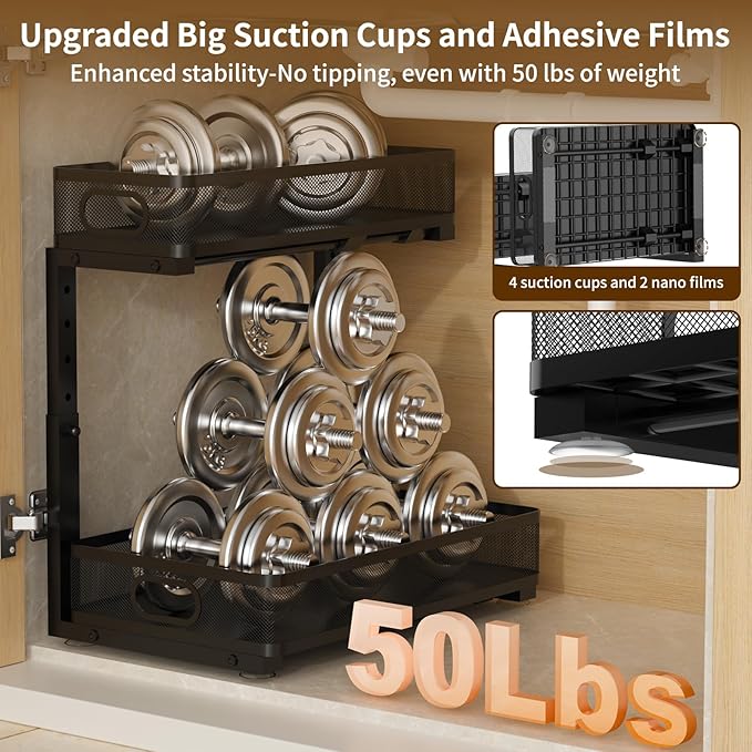 Under Sink Organizer 1 Pack, 2-Tier Slide Out Cabinet Organizer with Metal Sliding Drawer and Hooks, Pull Out Storage Baskets for Kitchen Bathroom Pantry Cabinet Organization (Black (1 pack))