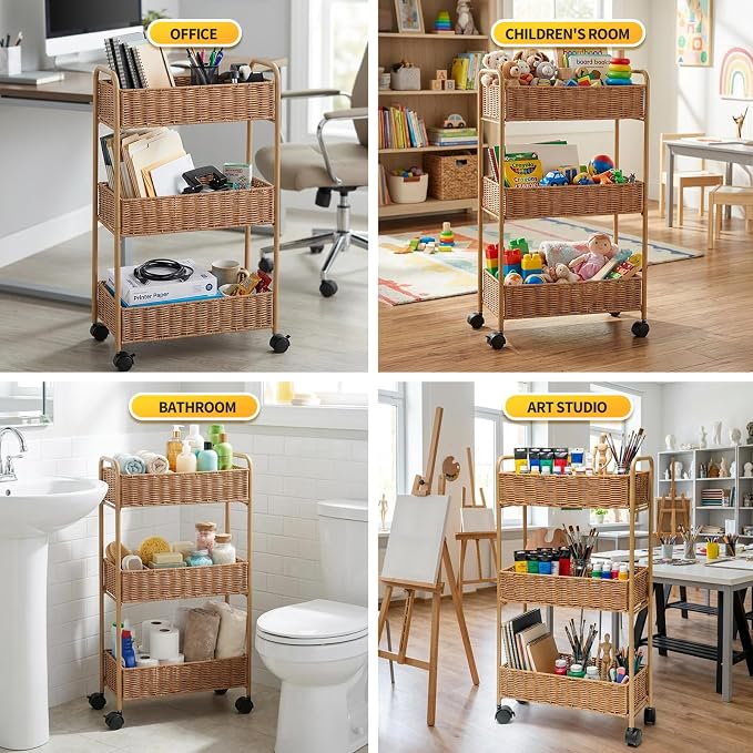 FOCHIER F Utility Slim Storage Cart,3-Tier Rolling Kitchen Office Laundry Room Cart,Mobile Shelving Unit Organizer for Living Room Bathroom Baby Diaper Narrow Places (Natural, 3 Tiers-7.1 inch (W))