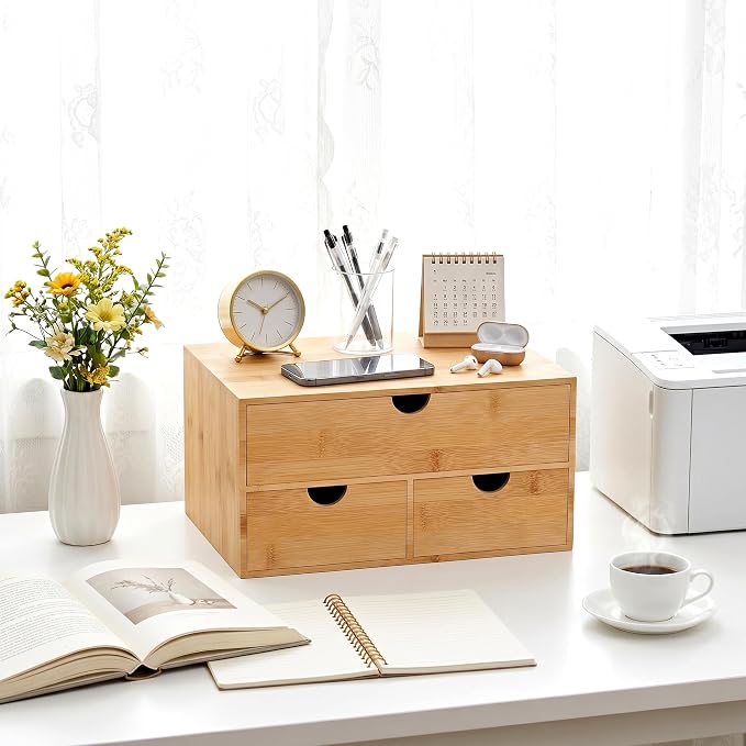 Bamboo Desk Organizer with Drawers, Desktop Storage for Office Supplies | 3 Drawers Desktop organizer, No Assembly Required, Natural Wood Wooden Desktop Drawers Box for Bills, Cosmetics, Seals, Paper