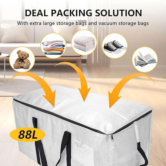 Extra Large Storage Bags Set Heavy Duty Moving Totes with Handles, Waterproof Dual-Way Carrying Design & Vacuum Space Bag,College Dorm,Christmas Decorations(4 Moving bag & 10 Vacuum Seal Bags)