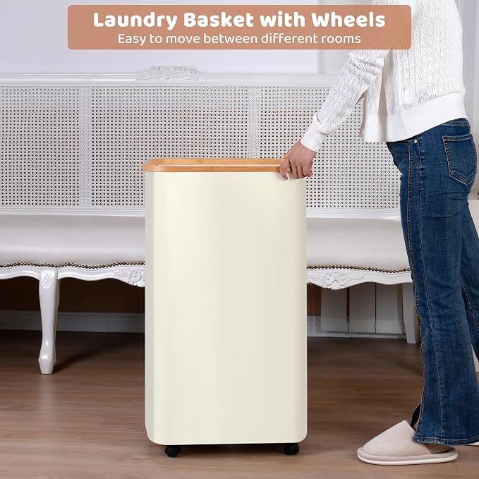 IEGrow Laundry Basket with Wheels 110L Clothes Hamper for Laundry,Beige | Laundry Hamper with Lid and Bamboo Frame, for Laundry Room, Bedroom, Dormitory Storage