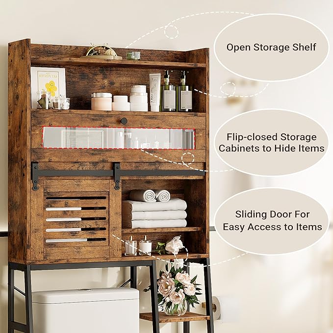 IRONCK Over The Toilet Storage Cabinet with Sliding Barn Door | 5-Tier Farmhouse Bathroom Organizer with Side Open Shelves, Freestanding Space Saver, Adjustable Shelf, Vintage Brown
