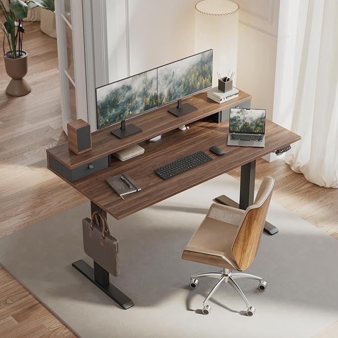 Klicelor 48 x23 Inch Electric Standing Desk with Drawers, Adjustable Height Small Sit Stand Desk for Home Office, Compact Computer Workstation with Storage– Dark Walnut