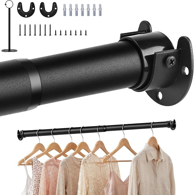 Adjustable Closet Rod for Hanging Clothes, 17-99inch Heavy Duty Metal tension clothes rod，1.3Inches Closet Pole with Hardware Kit for Closet Organization Laundry Room RV, Black