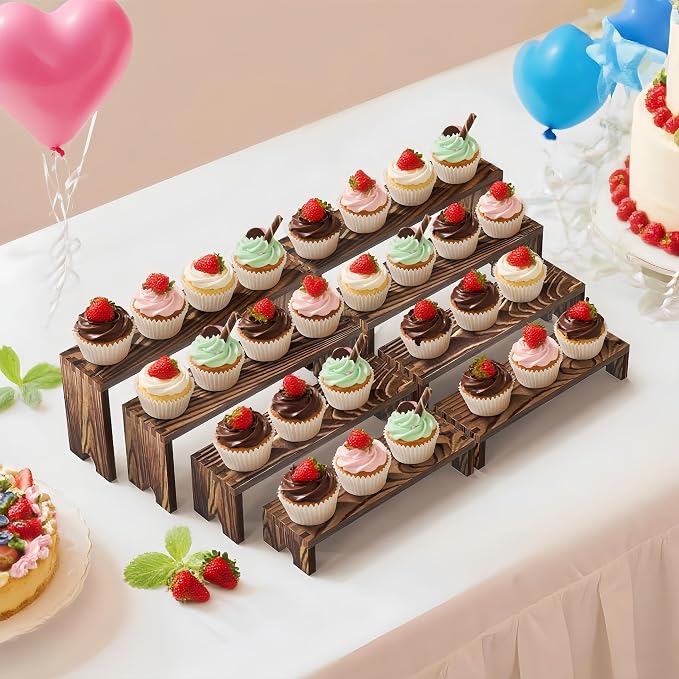 Large 4 Set wood tone Wooden Tiered Display Stands 4 Tier Stackable Pine Wood Display Risers, Suitable for Vendor Events, Cupcake Stands, cake stand Wooden Dessert Table Sets, Vendor Booth Displays,Cosmetic & Perfume Display Tools, Kitchen Spice Storag...