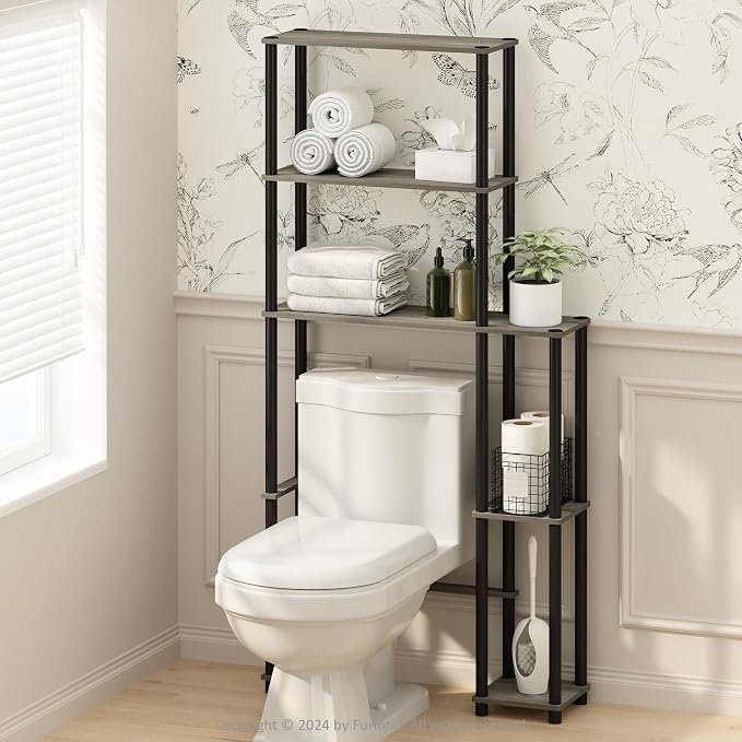 Furinno Turn-N-Tube Over The Toilet Storage, 5-Shelf Over The Toilet Organizer, Freestanding Space Saver Bathroom Shelf, for Bathroom Organizers and Storage, Grey Oak