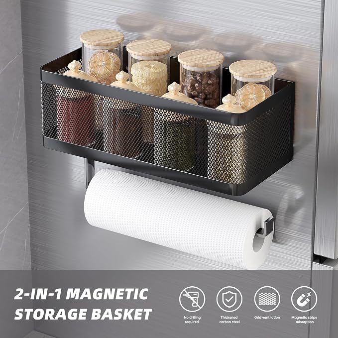 Magnetic Spice Rack for Refrigerator with Magnet Paper Towel Holder, Heavy-Duty Magnetic Shelf for Fridge, 2-in-1 Organization Shelf Sets for Kitchen, Washing Machine & Fridge Side, Black