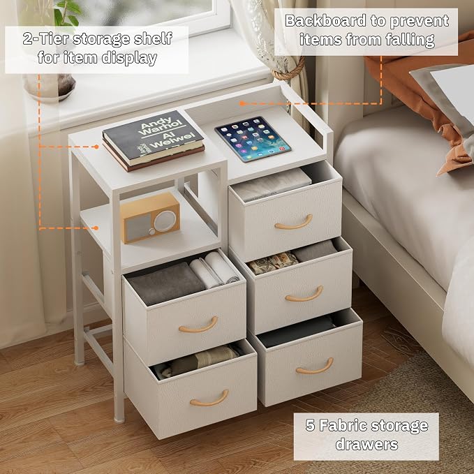 Furnulem White Dresser for Bedroom, 5 Drawer Small Fabric Closet Dresser | Small Chest of Drawers, Storage Cabinet Organizer with 2 Tier Shelf, Closet Drawer Units with Metal Frame, Dresser for Dorm