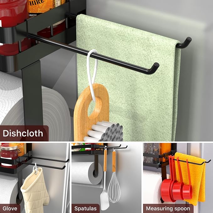 ZUNTO Strong Magnetic Paper Towel Holder for Fridge, Multifunctional Spice Rack Organizer with 2 Detachable Hooks, No Drilling Kitchen Storage for RV & Bathroom, Black