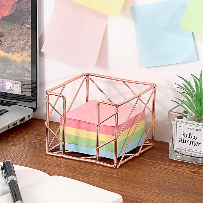 BTSKY Metal Sticky Note Holder, 3x3 Inch Post It Note Dispenser, Modern Memo Cube Holder Desk Organizer for Office & Home, Iron Sturdy Desktop Sticky Note Storage, Rose Gold