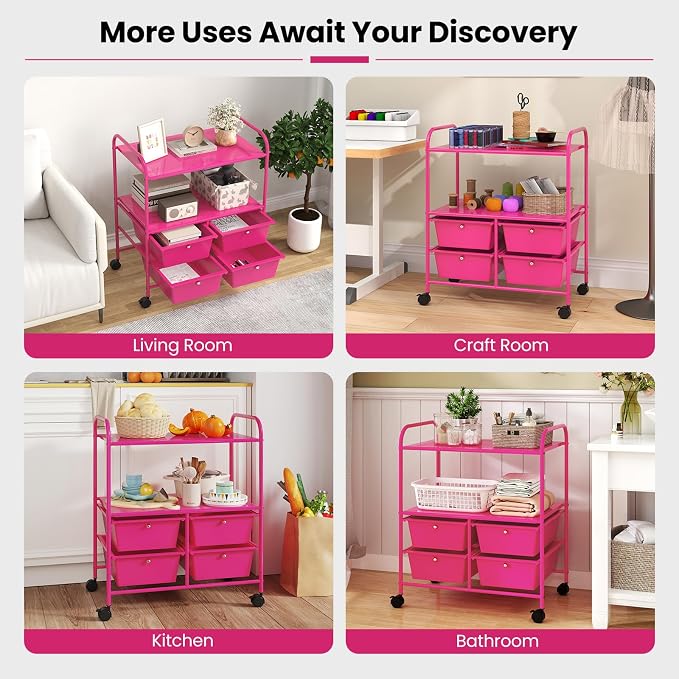 Moccha Rolling Storage Cart with 4 Drawers - Storage Drawers Organizer with wheels for Craft Art Supply Paper Salon, Scrapbook Paper Tools, Movable Utility Cart for Classroom School Studio, Hot Pink