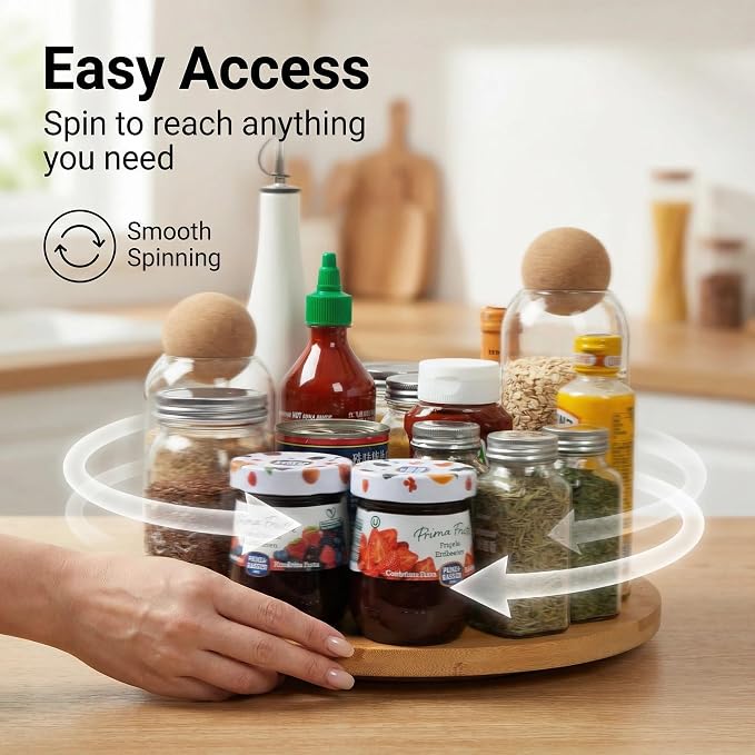 Lazy Susan Organizer for Cabinet, Pantry or Tabletop：11.8" Bamboo 360°Turntable Lazy Susan Organizer for Kitchen, Counter or Spice Rack Storage