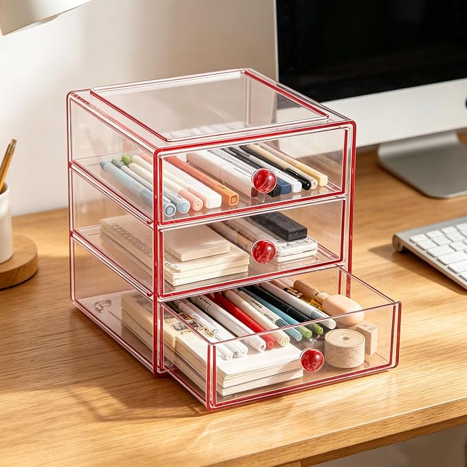 AJIODA Makeup Drawer Organizer Box with 3 Drawers, Acrylic Cosmetic Display Case Vanity Organizer Jewelry Storage Box Stackable Storage for Cosmetics, Skin Care, Bathroom, Countertop, Pink