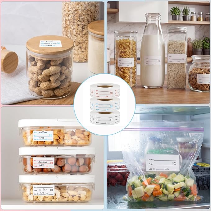 3 Rolls 1500 Pieces Removable Food Labels, 1 x 2 Inch Date Stickers for Freezer, Refrigerator Food Containers - Easy to Write