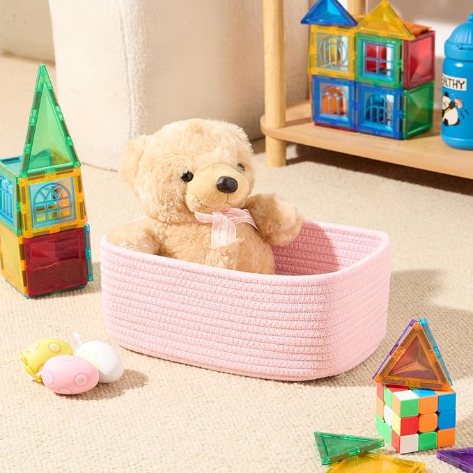 MiniArk Small Storage Baskets for Organizing | Closet Organizer Bins | Shelf Toy Basket | Woven Rope Baskets | Cube Decorative Box | Shallow Basket | 11.5x7.5x4.7” | 3 Packs Light Pink