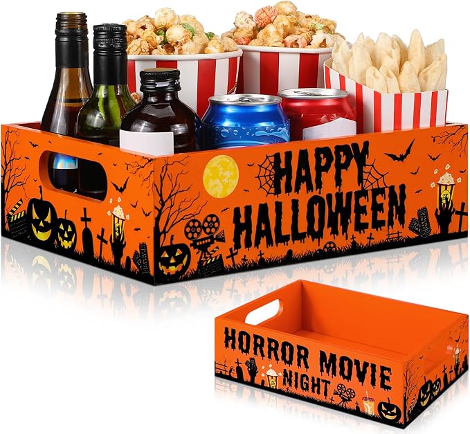 Movie Night Supplies Snack Trays with Handles Reusable Wooden Movie Gift Basket for Theater Popcorn Bucket Bowl Box Container Family Room Decor(Halloween Style)