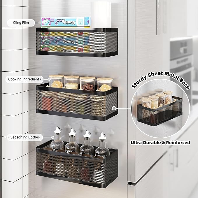 Magnetic Spice Rack for Refrigerator with Magnet Paper Towel Holder, Heavy-Duty Magnetic Shelf for Fridge, 2-in-1 Organization Shelf Sets for Kitchen, Washing Machine & Fridge Side, Black