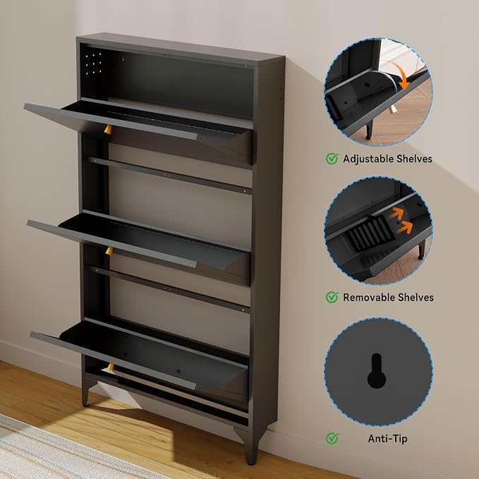 Shoe Cabinet with 3 Flip Drawers-Metal Narrow Shoe Rack for Entryway,Hallway,Living Room-Hidden Metal Shoe Cabinet-Freestanding Shoe (3 Door, Black)
