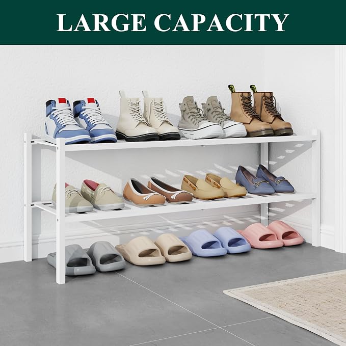 Smiry Bamboo Shoe Rack for Closet, 2 Tier Long Wooden Shoe Organizer, Stackable Wood Shoe Storage Shelf for Entryway, 14 Vertical Slats, One-piece Heavy-Duty Legs, 33.86"x11.02"x12.99", White