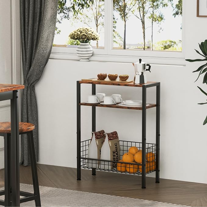 DIY Narrow Side Table, 3 Tier End Table with Various Storage Basket, Slim Sofa Side Table for Small Spaces, Skinny Nightstand, for Living Room, Bedroom, Rustic Brown