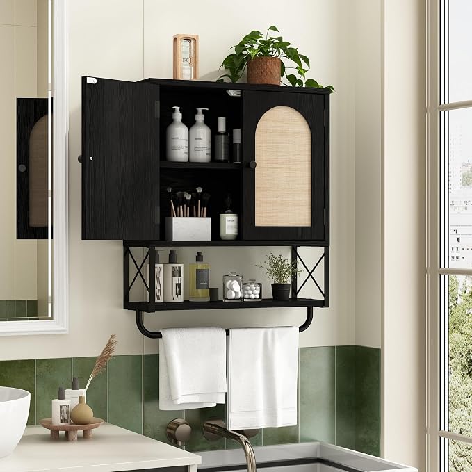 RUSTOWN Rattan Bathroom Wall Cabinet, Boho Over The Toilet Storage Cabinet | Arched Rattan Doors, Modern Medicine Cabinet, Adjustable Shelves, Towel Bar, Black