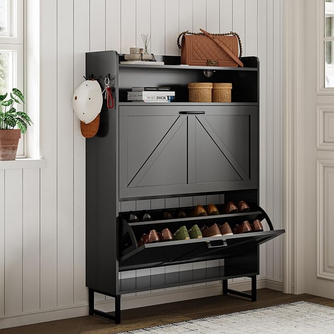 Wodeer Shoe Storage Cabinet with 2 Flip Drawers, Narrow Wood Shoe Cabinet Storage for Entryway with Metal Legs & Hooks, Adjustable Shelves, Freestanding Shoe Rack Organizer for Foyer, Hallway, Black
